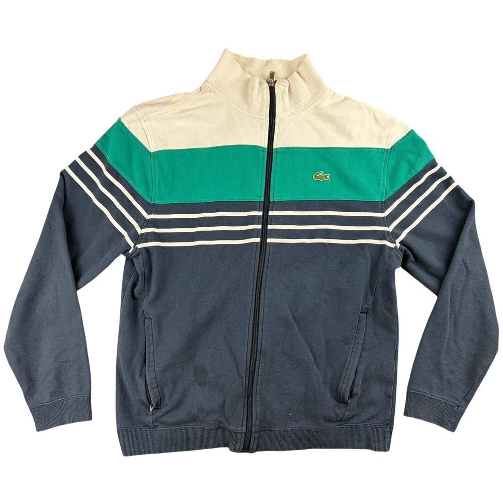 Y2K Lacoste Sweatshirt Jacket Men 4 Navy Green White Colorblock Striped Full Zip